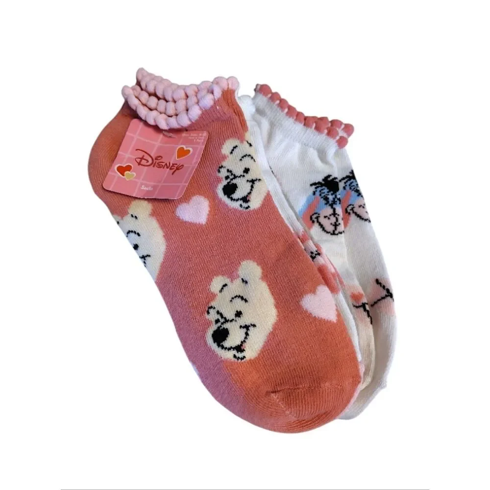 Disney Pink‎ White Winnie the Pooh 5 Pairs Ruffled Ankle Socks NWT